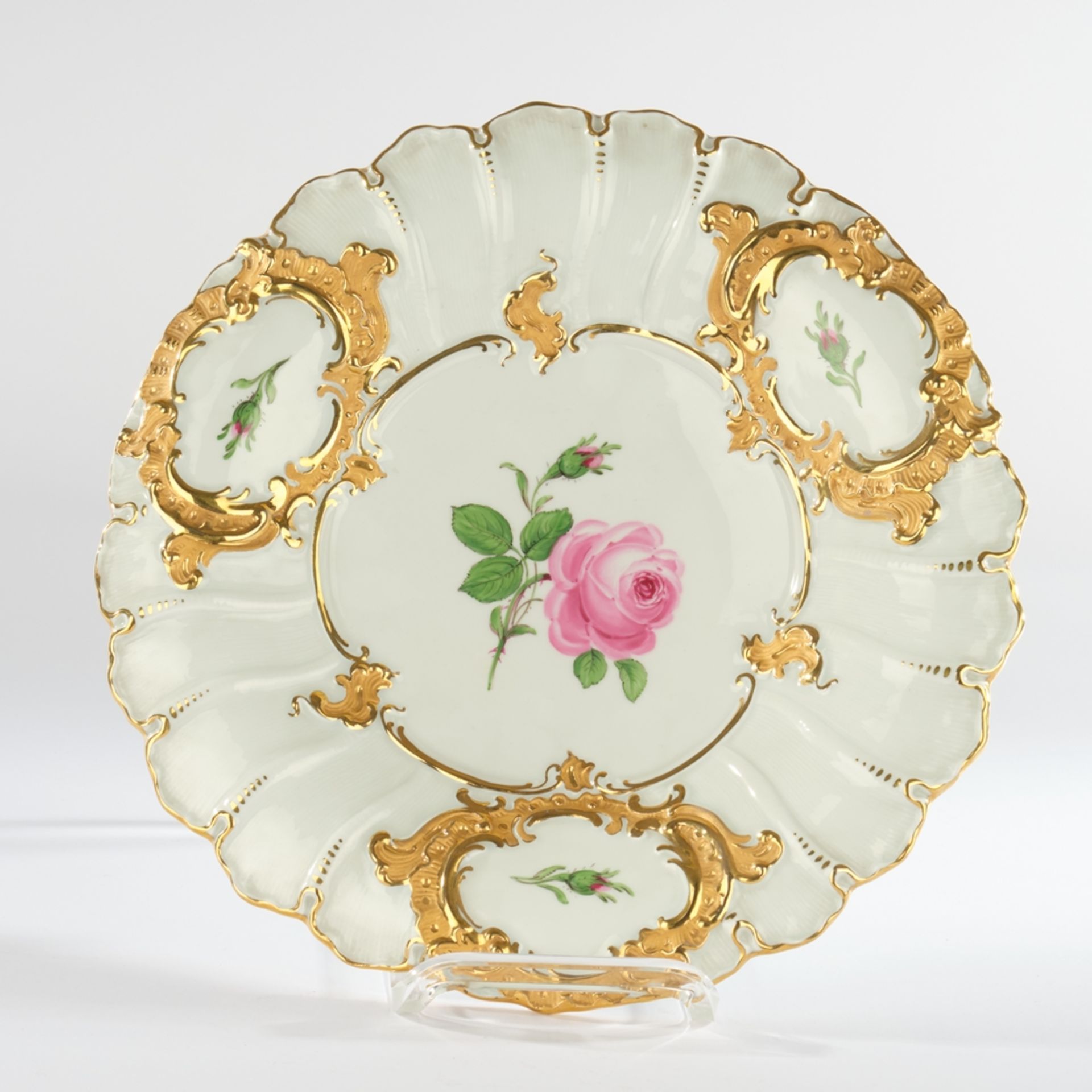 Pompous plate, Meissen, sword mark, 2nd choice, flag with reserves in gold bronze, red rose on whit