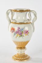 Snake handle vase, Meissen, sword mark, 2nd choice, white ground, colourful flowers on both sides, 