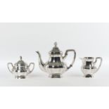 Teapot, cream jug, , cream jug, sugar bowl, silver 925, Emil Hermann, four-sided bulging vessels wi