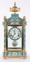 Fireplace clock, China, 20th century, coloured cloisonné case with four corner columns, brass, face