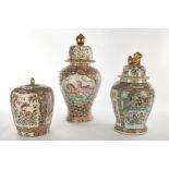 Convolute of 3 lidded vases, China, modern, porcelain, famille rose decorations, various, in Canton