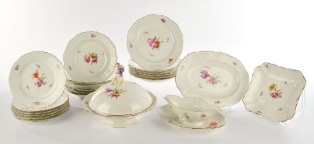 Dinner service,, 22-piece, KPM Berlin, Osier, colourful flowers and insects, gold rim: 6 starter pl
