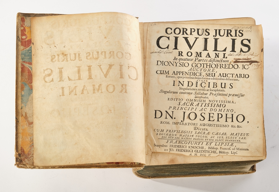 Book, "Corpus Juris Civilis Romani, In quatuor Partes distinctum, Dionysio Gothofredo, JC, Auctore,