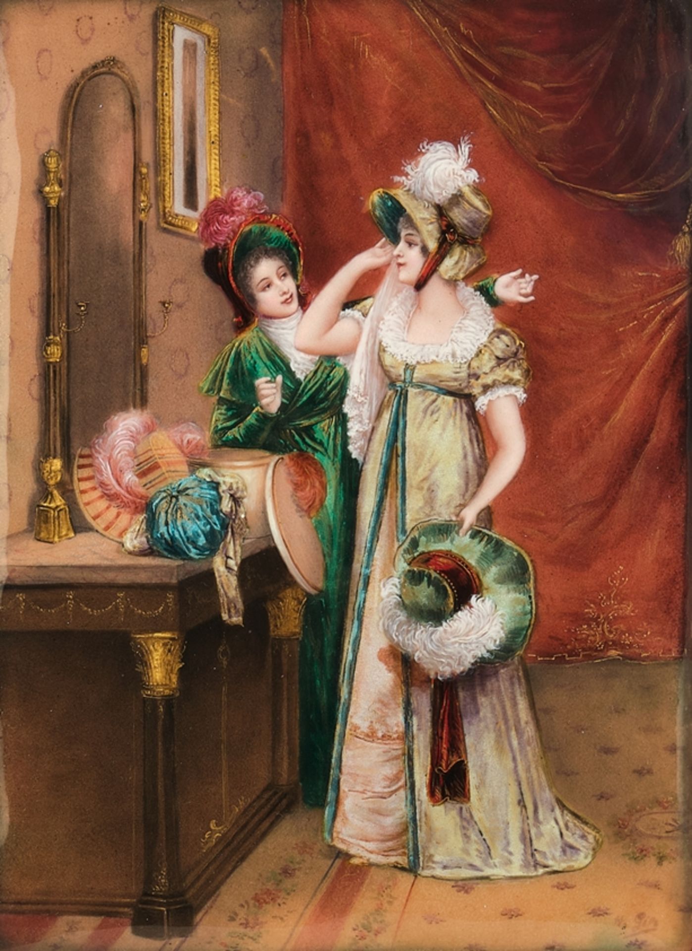 Enamel painting, , "At the milliner's", probably Limoges, around 1900, enamel on copper, polychrome