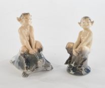 2 Porzellanfiguren, "Faun auf Schildkröte", "Faun auf Baumstumpf", Royal Kopenhagen, Modellnummern 