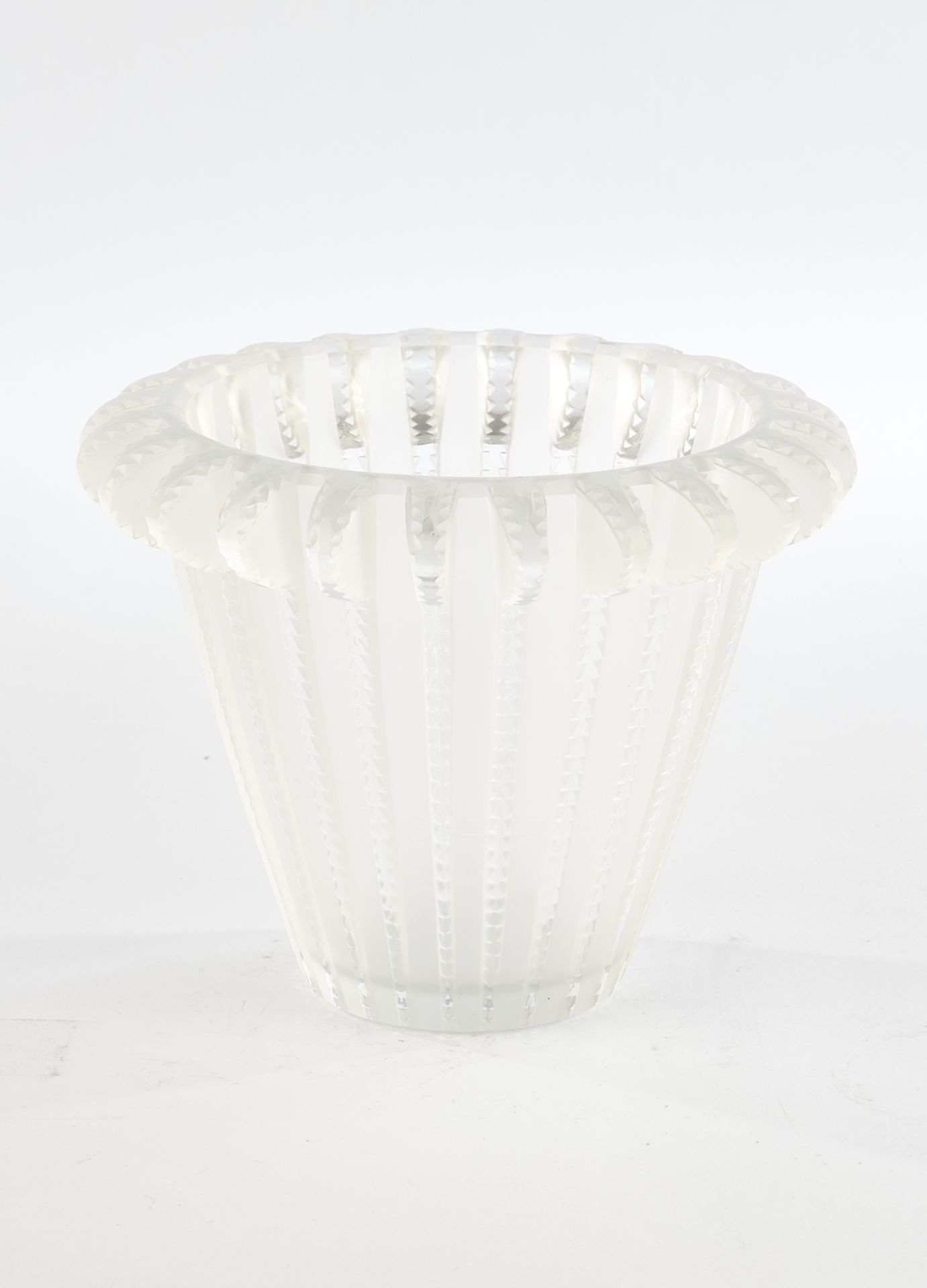 Vase, , "Royat", Lalique, colourless glass, partly frosted, conical, vertically ribbed body, marked