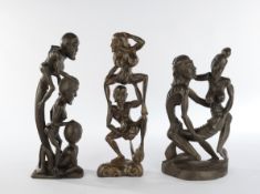 3 Skulpturen, "Erotische Figuren", Bali, 20. Jh., Holz, geschnitzt, 43-48 cm hoch