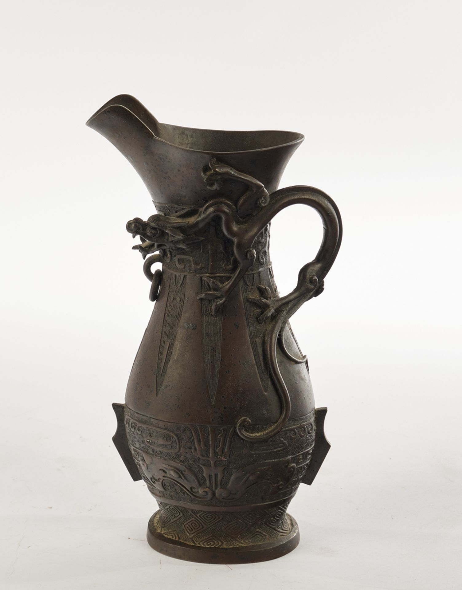 Jug, Japan, c. 1900, bronze, dark patina, archaic decoration in Chinese style, handle in the shape 