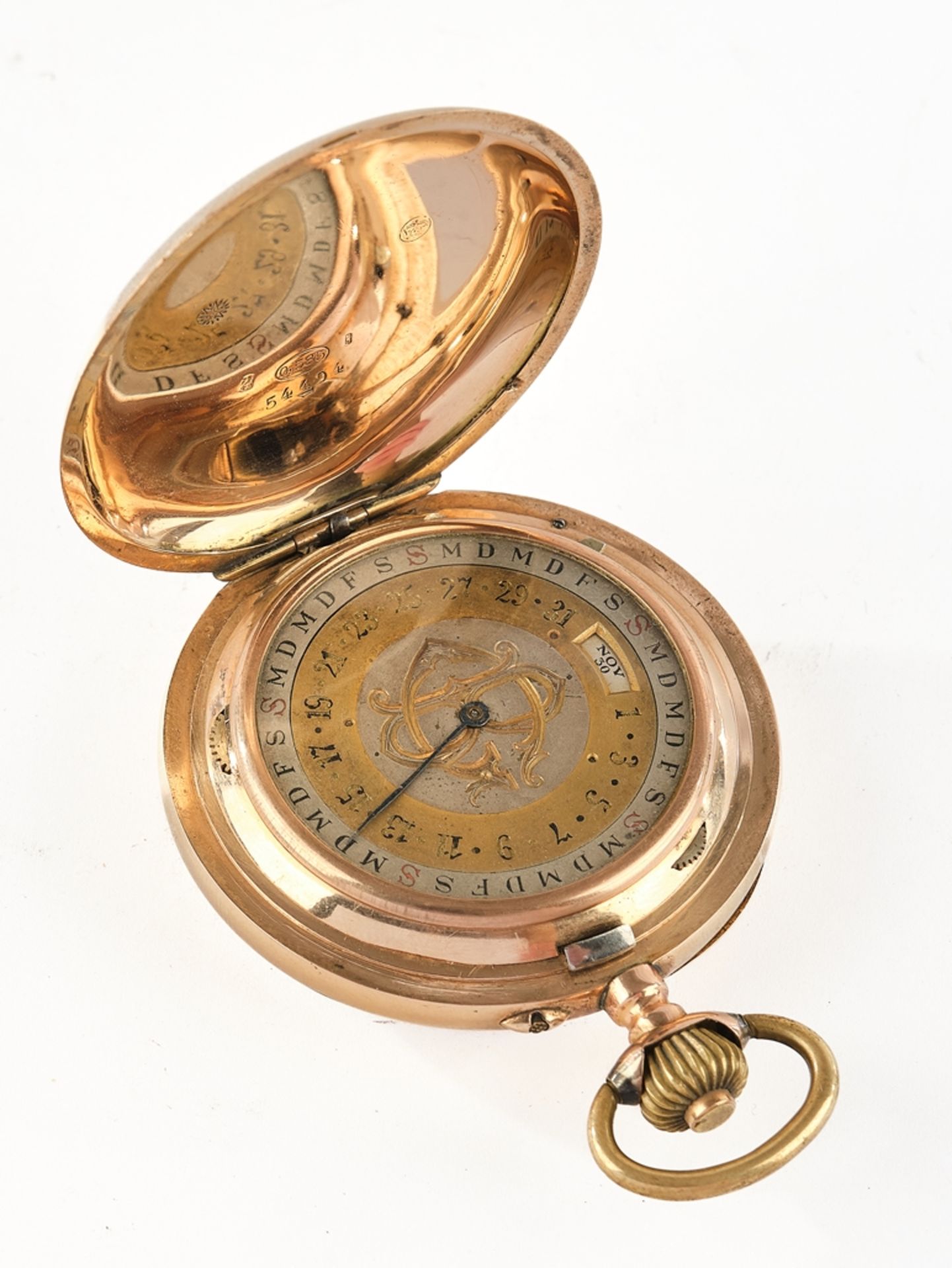 Calendar pocket watch, Switzerland, circa 1905, marked "Calendrier Brevete", rose gold 585 case, wh - Image 3 of 3