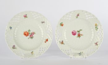 Pair of pierced plates, KPM Berlin, around 1790, basket relief, natural colourful flower painting, 