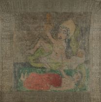 Malerei, "Zwei Figuren", wohl Indien, 19./20. Jh., Farbe auf Stoff, Brokatrahmung, ca. 57 x 58 cm,