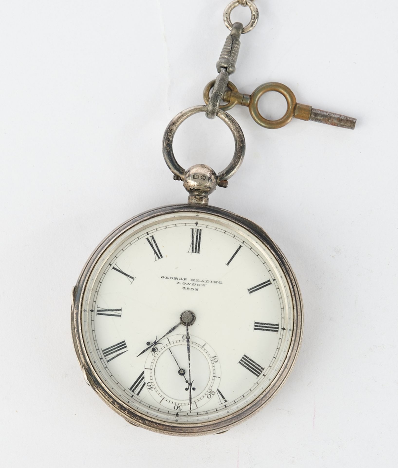 Spindle pocket watch, London, probably 1893, silver case, white enamelled dial sign. "George Readin - Image 2 of 6