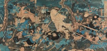 Farbholzschnitt, "Kampfszene", Japan, 19. Jh., Triptychon, wohl Utagawa Yoshitora (tätig um 1850-18