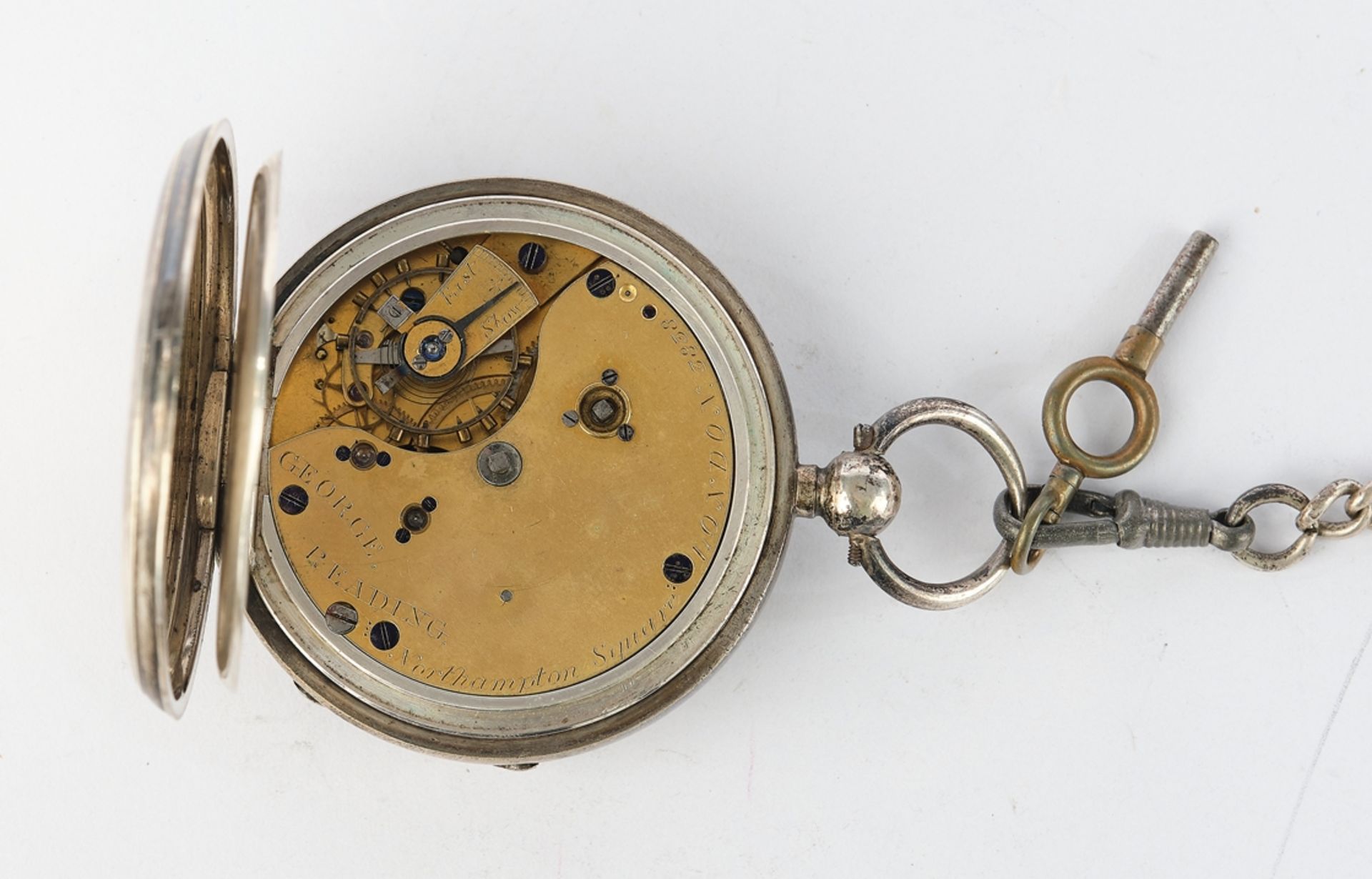 Spindle pocket watch, London, probably 1893, silver case, white enamelled dial sign. "George Readin - Image 6 of 6