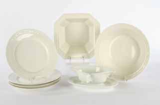 Service pieces, 7-piece, KPM Berlin, Kurland, white porcelain: 4 dinner plates (ø 25.5 cm), round b