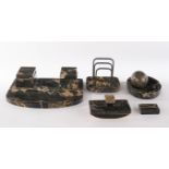 Desk set, 6-piece, 1st half 20th century, black, lightly veined marble: tray with inkwells, letter 