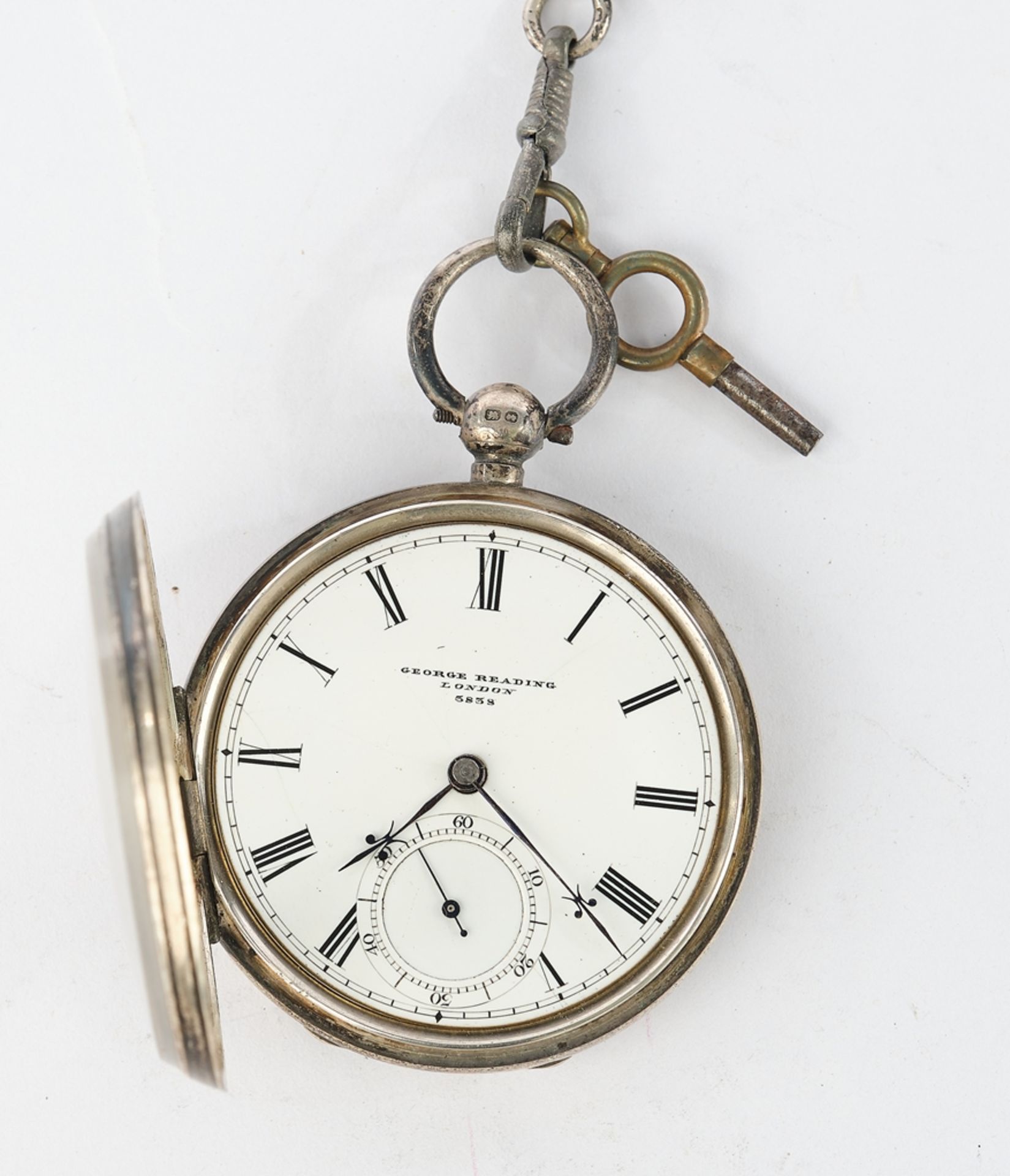 Spindle pocket watch, London, probably 1893, silver case, white enamelled dial sign. "George Readin - Image 4 of 6
