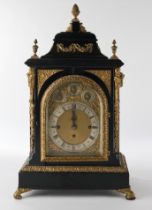 Bracket Clock, London, c. 1875, black wooden case, bronze appliqués, two handles, silver-plated cha