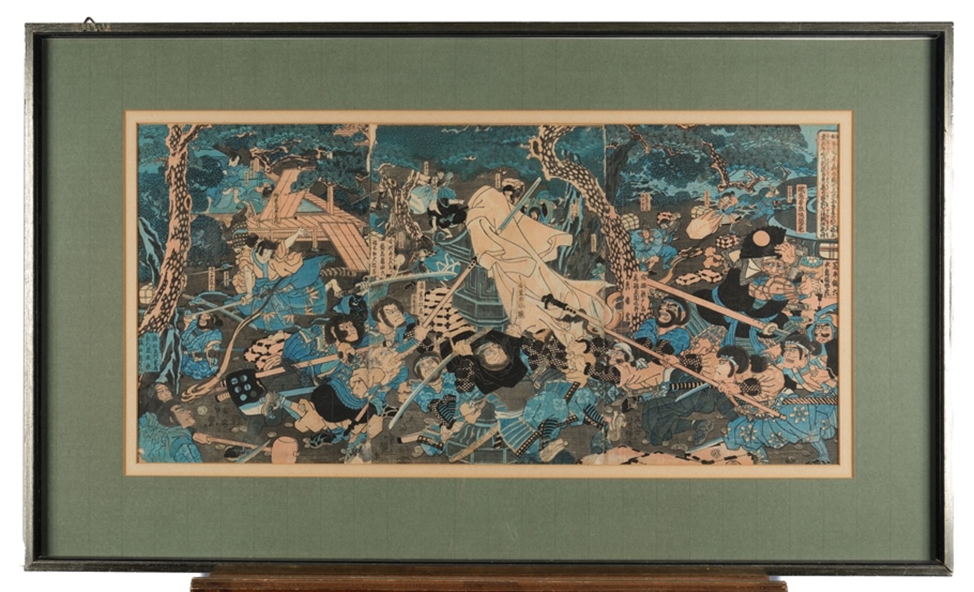Colour woodcut, , "Battle scene", Japan, 19th century, triptych, probably Utagawa Yoshitora (active - Image 2 of 3