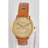 Quarz-Armbanduhr, Gehäuse vergoldet, Zifferblatt einer 20 Dollar-Münze nachempfunden, Quarzwerk, Bo