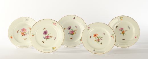 5 plates, KPM Berlin, Osier, colourful flowers and insects, gold rim, ø approx. 21.5 cm