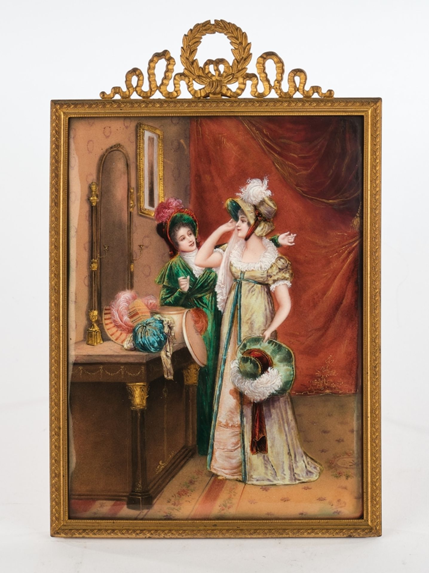 Enamel painting, , "At the milliner's", probably Limoges, around 1900, enamel on copper, polychrome - Image 2 of 3