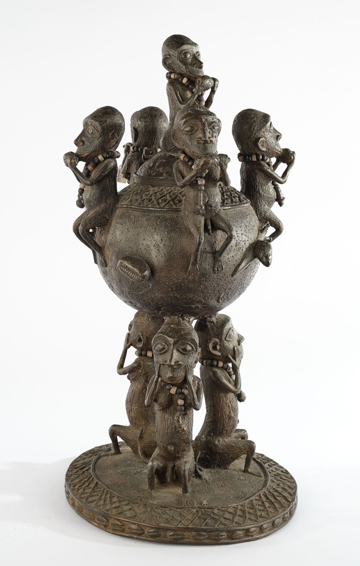 Ritualgefäß mit Deckel, Baule oder Yaure, Benin oder Nigeria, Afrika, Bronze, patiniert, bauchiger 