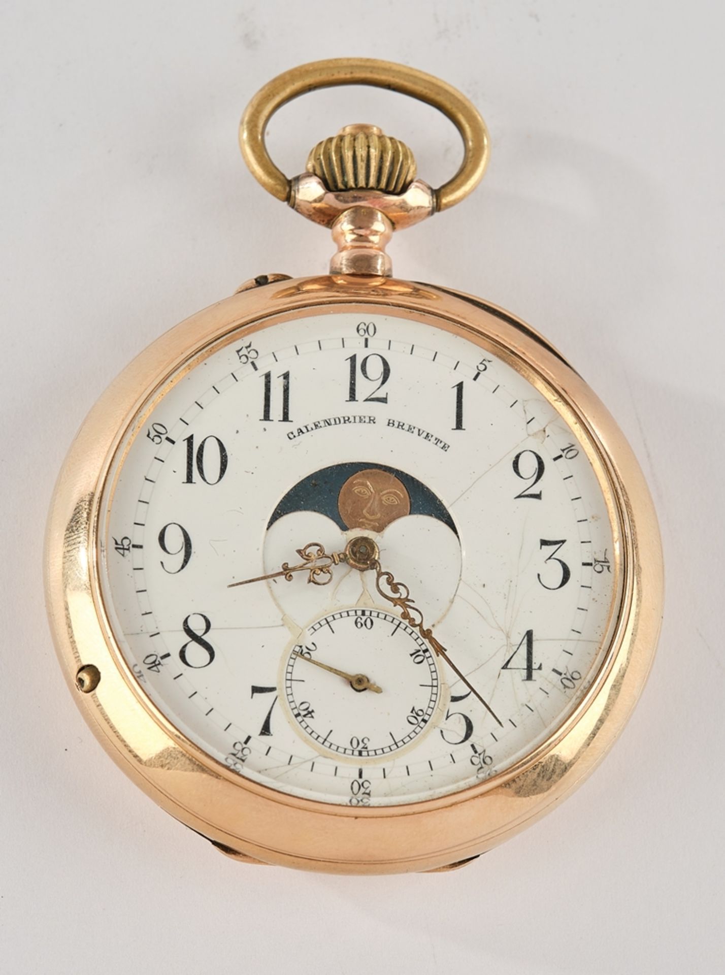 Calendar pocket watch, Switzerland, circa 1905, marked "Calendrier Brevete", rose gold 585 case, wh