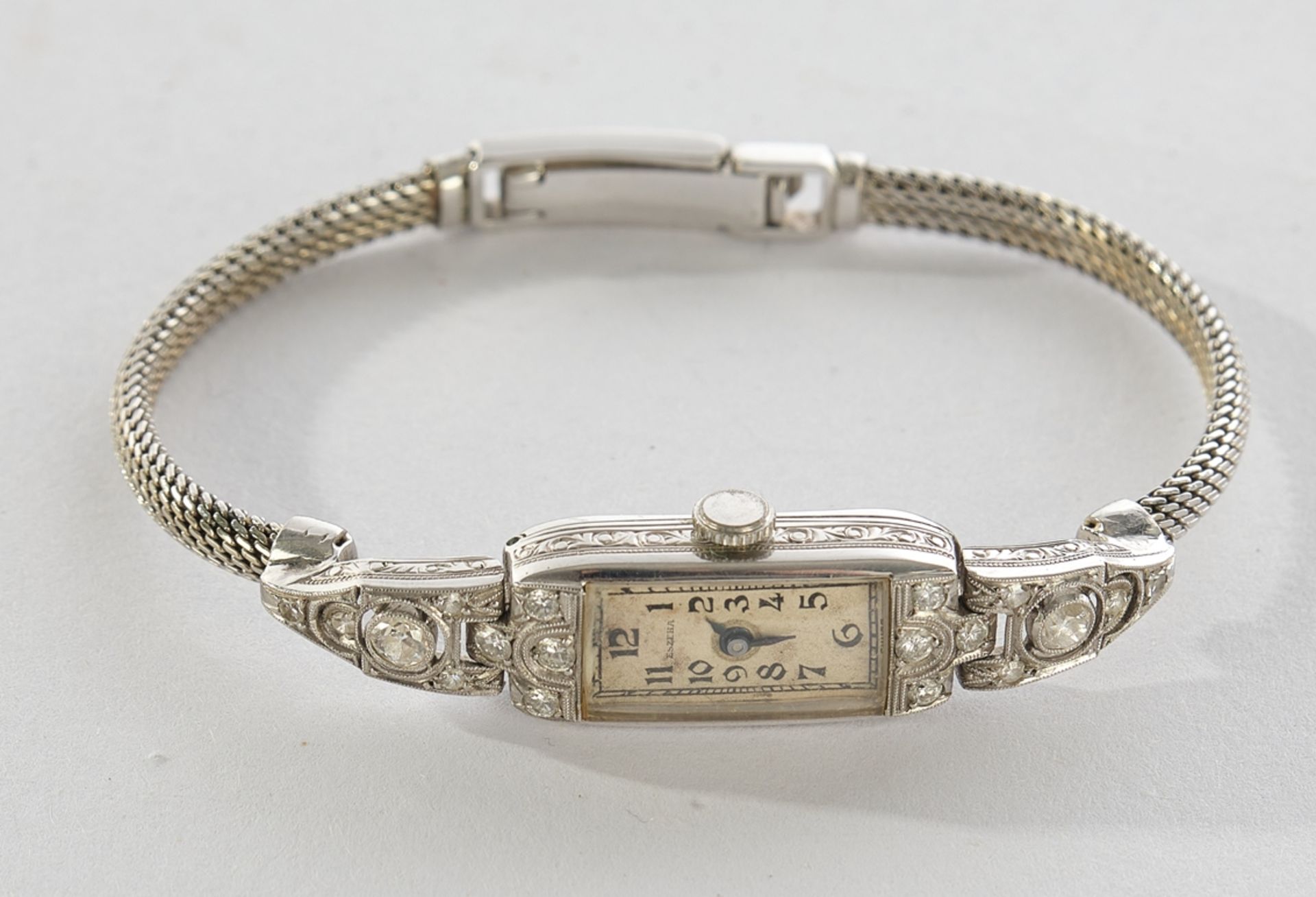 "Eszeha",, Woman's wristwatch, Art Déco, WG 750, 2 brilliant-cut diamonds approx. 0.20 ct., 16 diam
