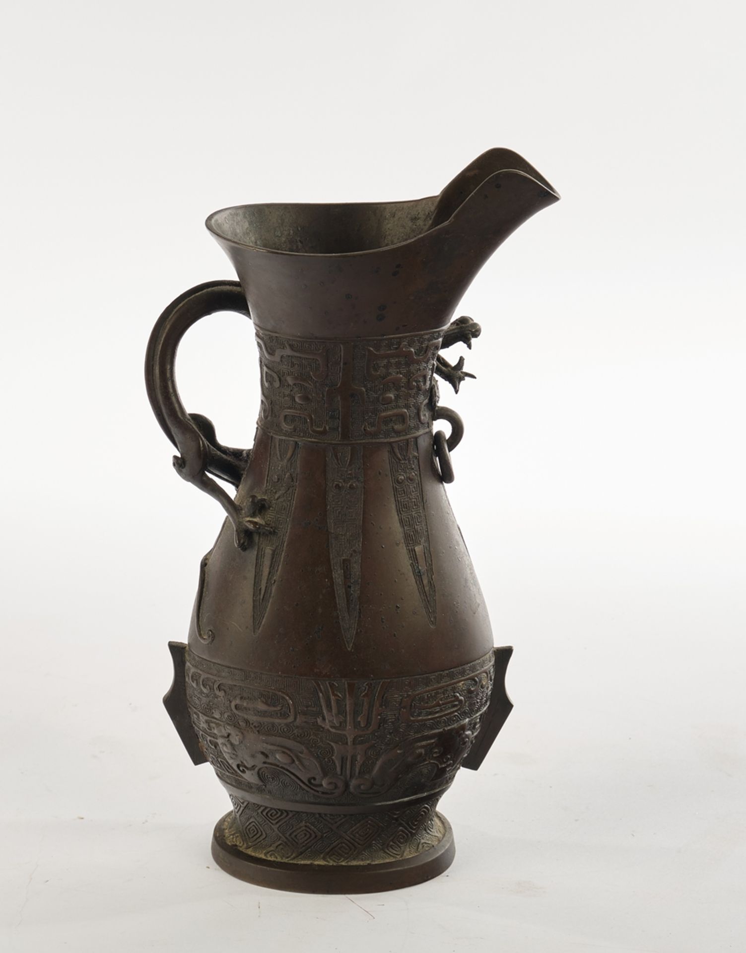 Jug, Japan, c. 1900, bronze, dark patina, archaic decoration in Chinese style, handle in the shape  - Image 2 of 3