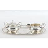 cream jug, sugar bowl, , sugar bowl, tray, silver 925, Colombia, Caycia, vessels in Art Deco form, 
