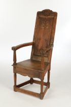 Armlehnstuhl, Barock, 18. Jh., Eiche, trapezförmiger Sitz auf vier gedrechselten Beinen mit bodenna