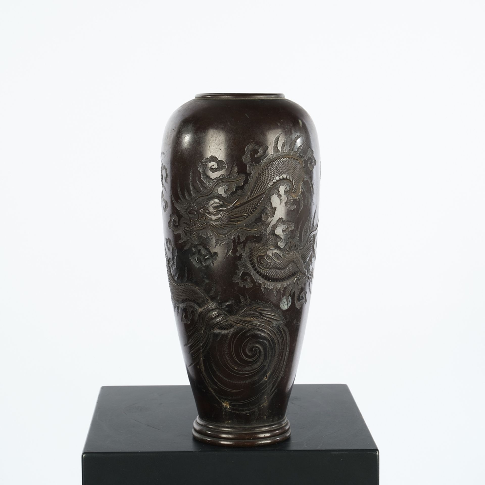 Baluster vase, Japan, 19th century, bronze, brown patina, dragon decoration, 30 cm high, heavily da