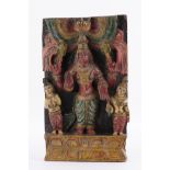 Relief, , "Vishnu with two female adorants", India, 20th century, wood, carved, coloured, 31 x 18 x