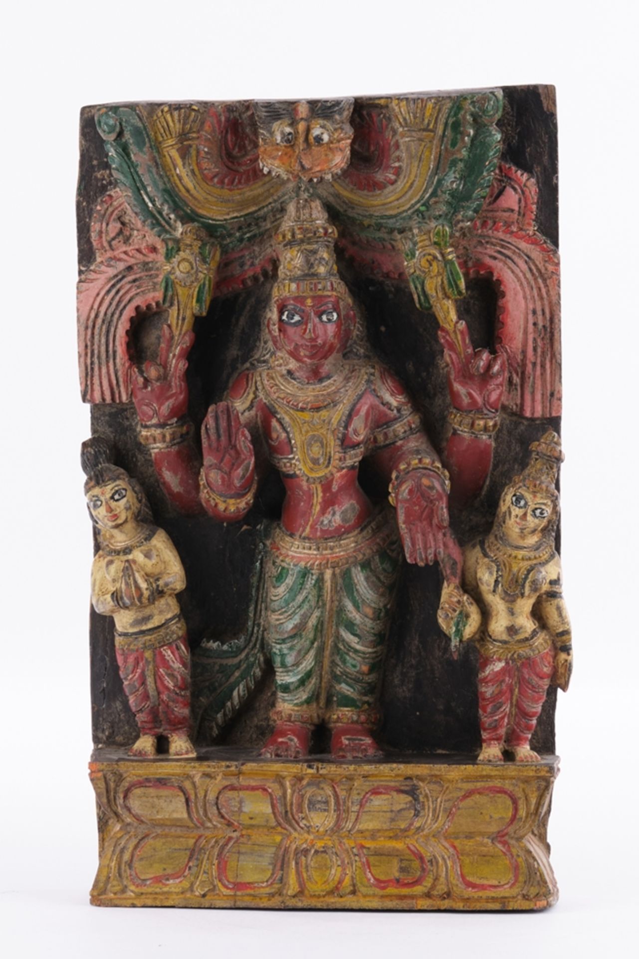 Relief, , "Vishnu with two female adorants", India, 20th century, wood, carved, coloured, 31 x 18 x