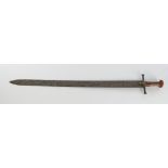 Long sword, Persia, 19th century, double-edged iron blade with Arabic etching on both sides, wooden