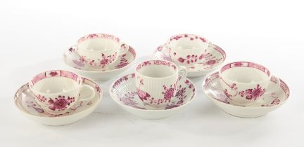 5 cups, , 5 saucers, Meissen, crossed swords mark, c. 1740-1817, various shapes, partly broken stem