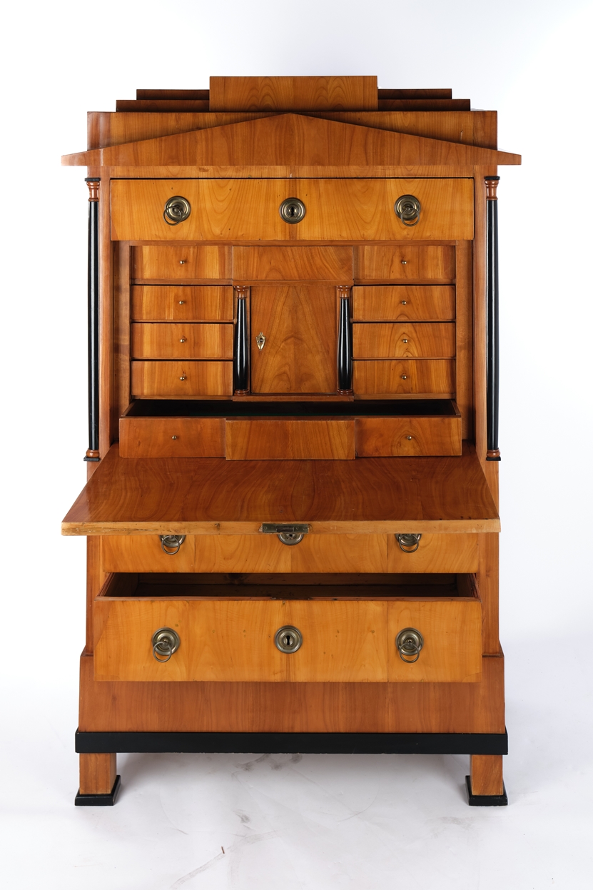 Secretary, Biedermeier, Berlin, c. 1825, cherrywood veneer, one-piece body with two drawers under t - Image 2 of 4