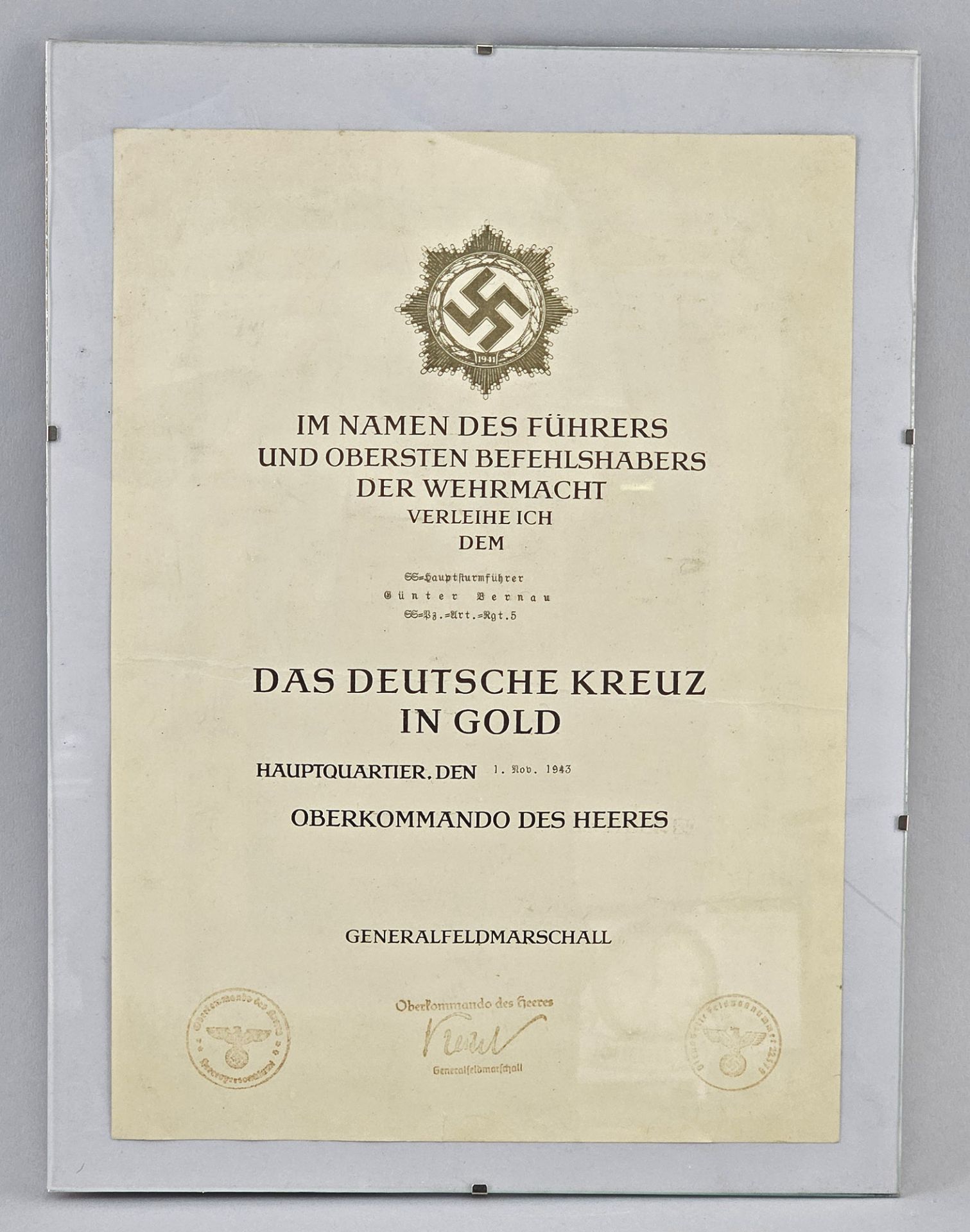 Urkunde Deutsches Kreuz in Gold
