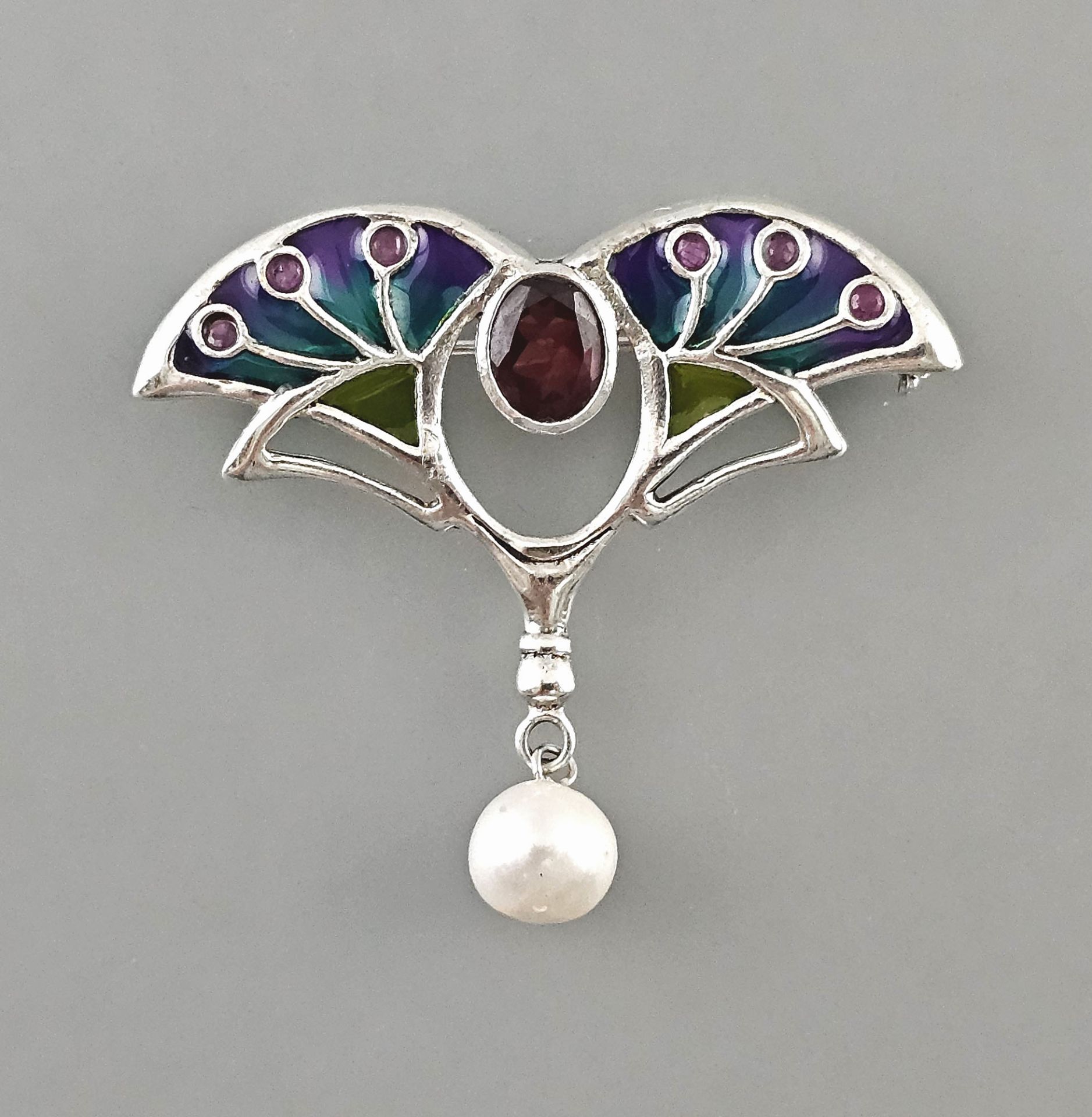 Rubin-Granat-Brosche Jugendstil emailliert mit Perle