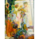 Baroni, Monique (1930-2016) "Les Soleils" (Young woman arranging sunflowers), oil/canvas, sign. low