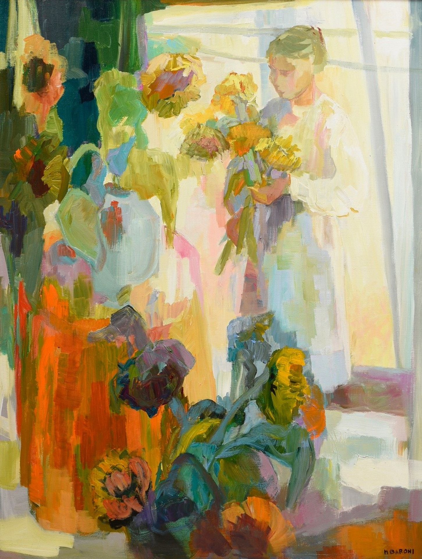 Baroni, Monique (1930-2016) "Les Soleils" (Young woman arranging sunflowers), oil/canvas, sign. low