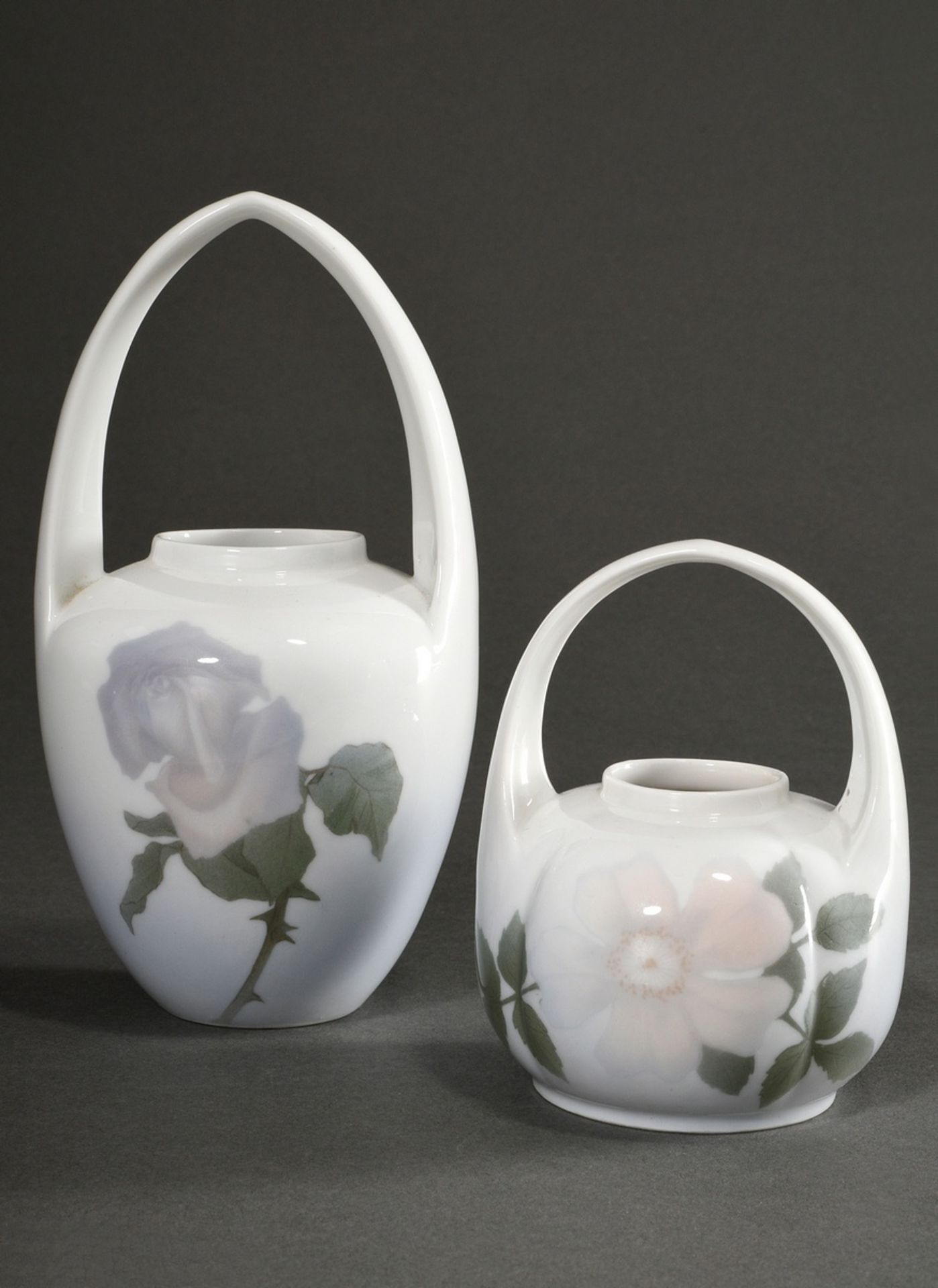 2 Various Royal Copenhagen handled vases with soft painting "Roses", c. 1900, decor no./form no./pa