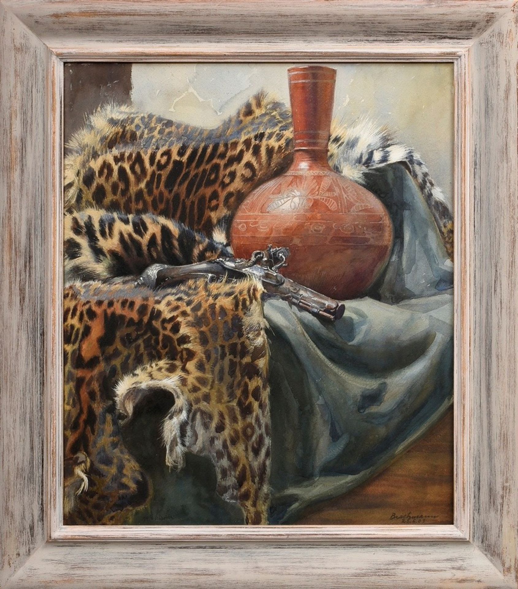 Unknown artist "Still life with leopard skin, clay jug and flintlock pistol", watercolour, b.r. sig - Image 2 of 3