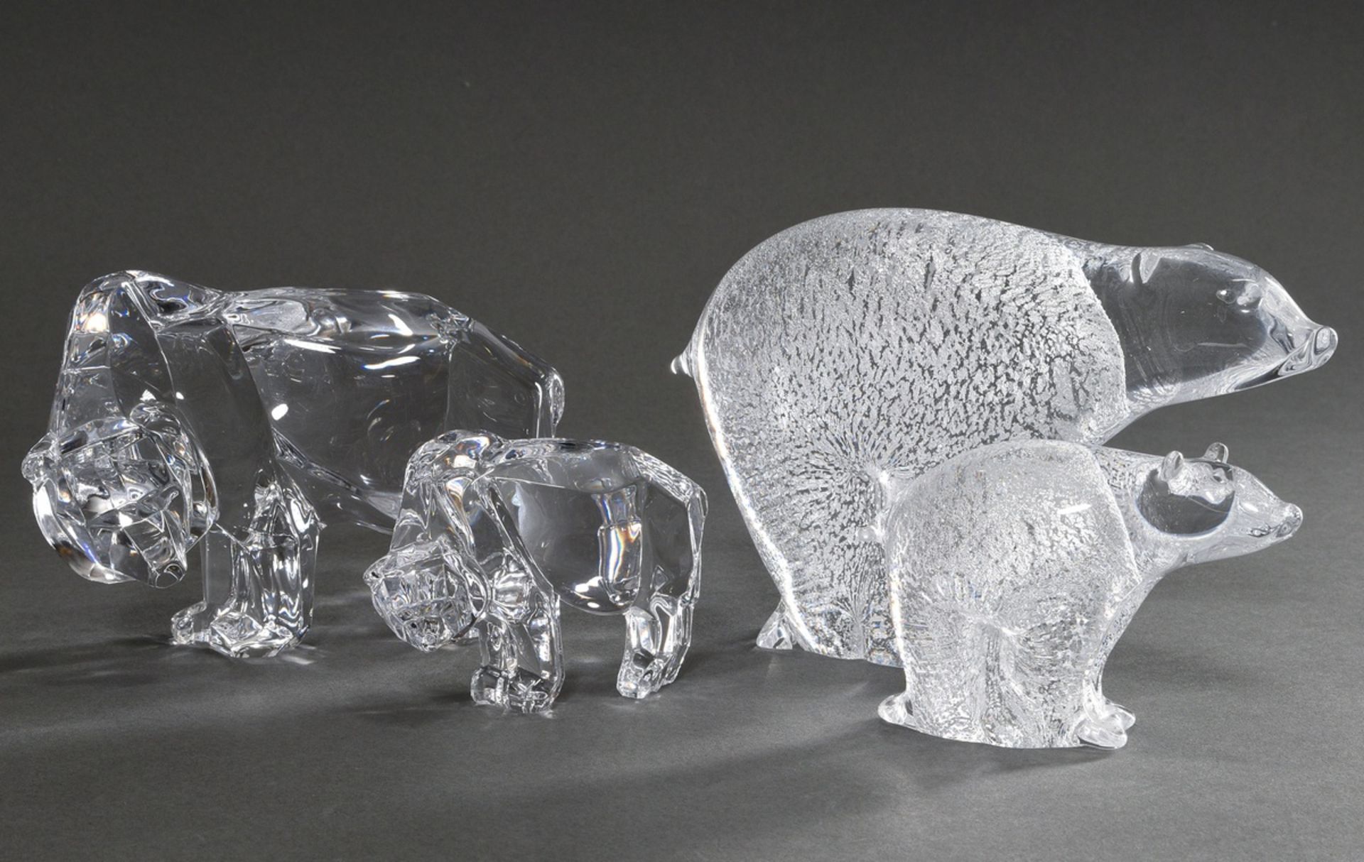 4 Diverse Teile Glas und Kristall "Eisbären", 2x Skandinavien mit eingeschmolzenen Silber Folien, 2