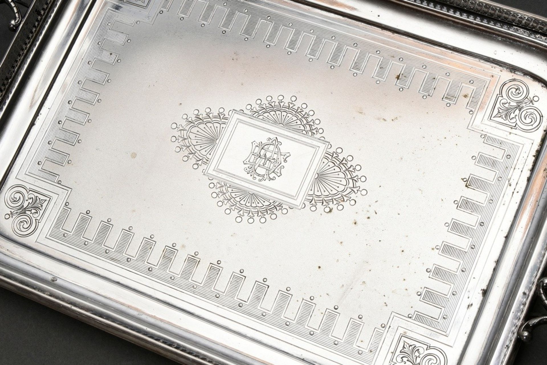 Rectangular historism tray with lattice rim and floral engraved plate, W. Lameyer, silver 800, 612g - Image 2 of 5