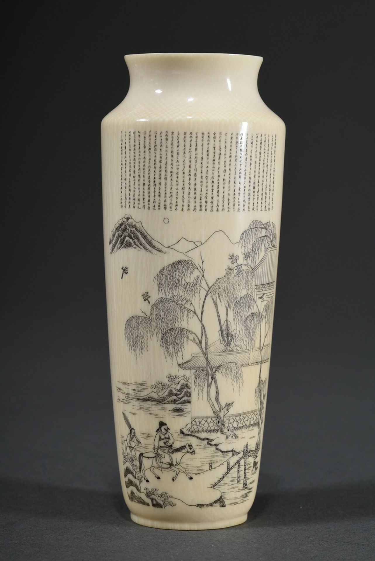 Elfenbein Vase mit langem Gedicht in Miniatur Schrift und 2 Szenen mit Gelehrten in Gebirgslandscha - Bild 4 aus 11