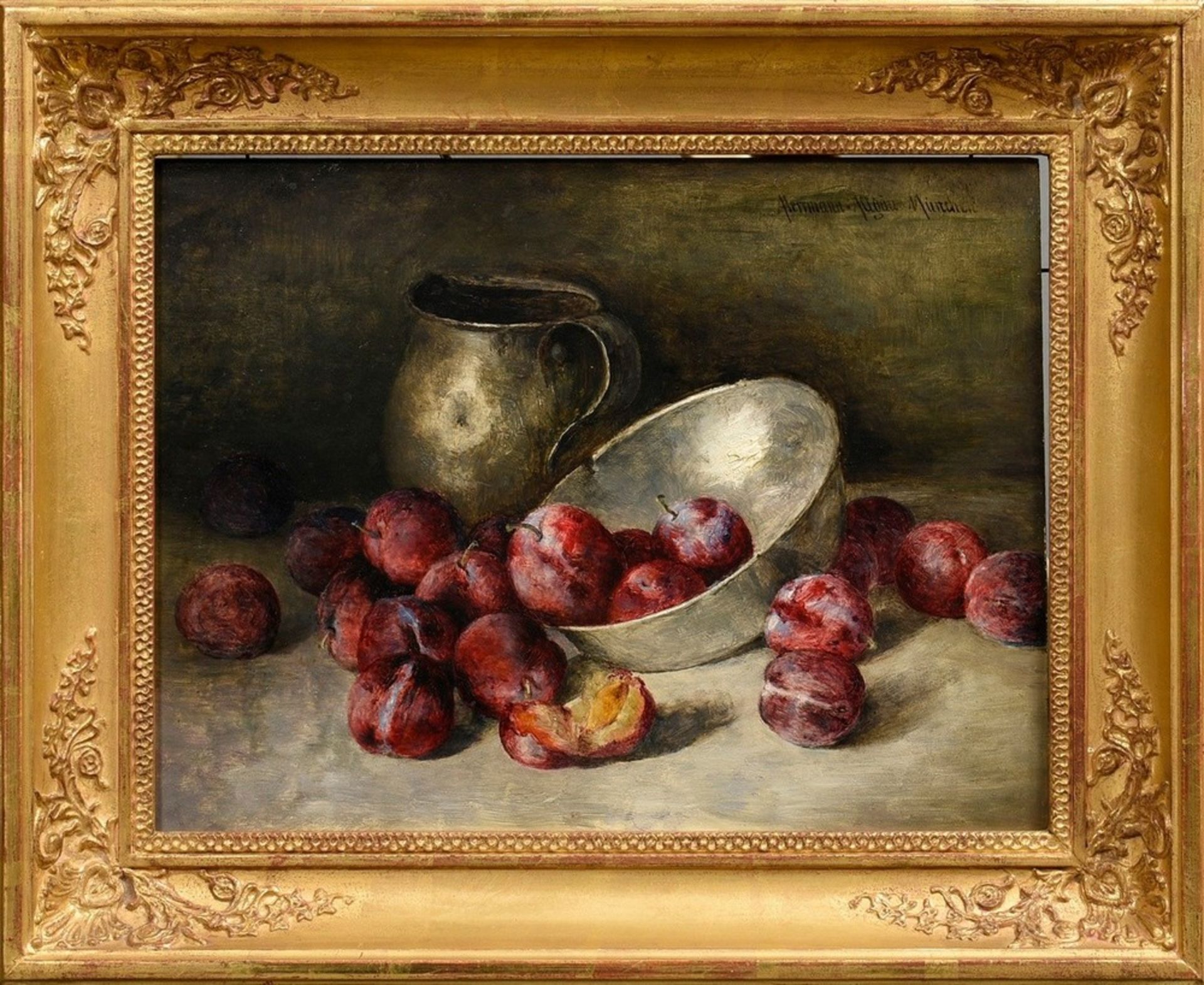 Hermann-Allgäu, August (1852-1916) "Still life with plums and pewter dishes", oil/wood, sign. t.r., - Image 2 of 4