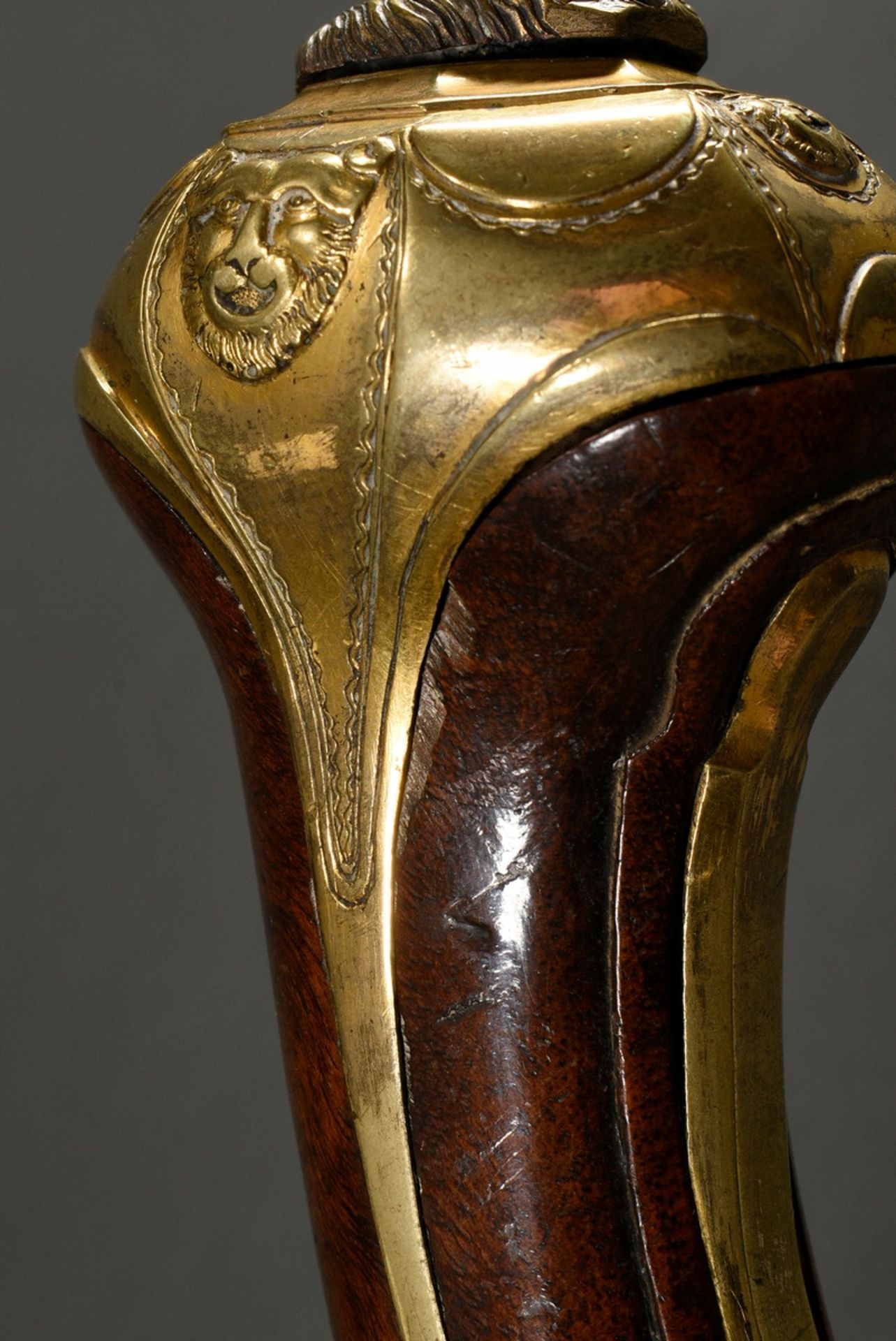 Muzzle loading flintlock cavalry pistol with iron barrel and brass gilt, finely engraved fittings " - Image 14 of 21