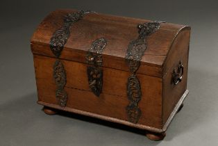 Small oak round lidded travelling chest on four ball feet with original iron fittings and handles, 